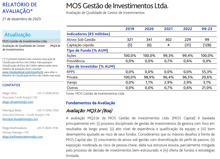 Moody's Local mantém MQ3.br à MOS Capital